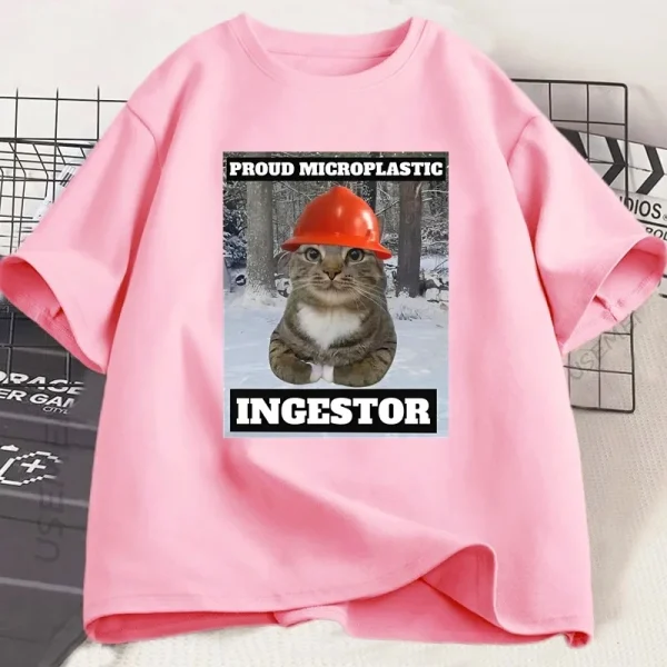 Cat Meme T Shirt Proud Microplastic Cat T-Shirt Short Sleeve Graphic Tee Casual O Neck Loose Tshirt Streetwearw Unisex - Image 5