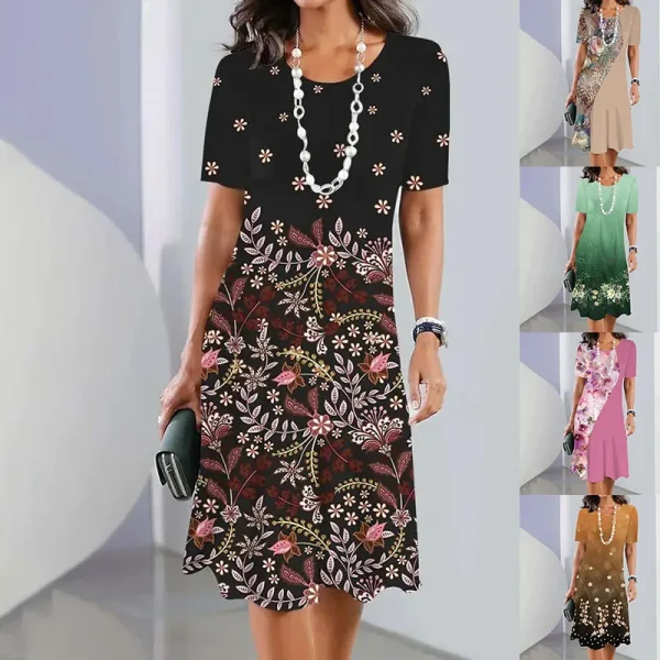 2024 Print Dress Elegant Floral Print Midi Dress For Women Round Neck A-line Knee Length Dress With Gradient Color For Ladies - Image 6