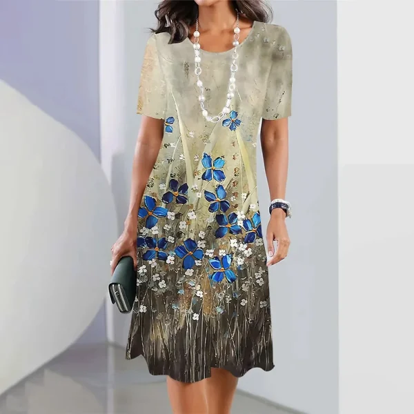 2024 Print Dress Elegant Floral Print Midi Dress For Women Round Neck A-line Knee Length Dress With Gradient Color For Ladies - Image 38