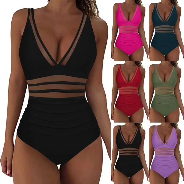 Mesh 1 Piece Swimsuit Sexy Deep V Swimwear Push Up Padded Bikini Solid Ruched Women Monokini Beachwear Brazilian Bathing Suit - Image 12