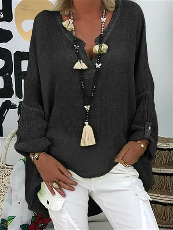 6-Color Loose Shirt Women's Casual Solid Color Top Spring Autumn V-Neck Long Sleeved Blouse - Image 2
