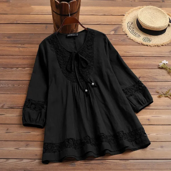 T Shirt Women Spring Autumn Cotton Linen Splicing Lace Temperament 3/4 Sleeve Loose Top T-shirt Tshirt women's Clothing YLY016 - Image 9