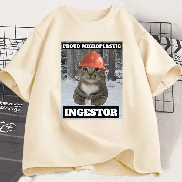 Cat Meme T Shirt Proud Microplastic Cat T-Shirt Short Sleeve Graphic Tee Casual O Neck Loose Tshirt Streetwearw Unisex - Image 2