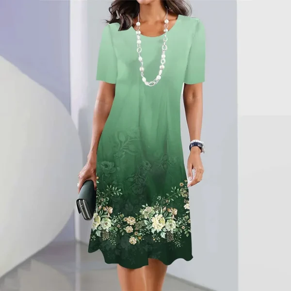 2024 Print Dress Elegant Floral Print Midi Dress For Women Round Neck A-line Knee Length Dress With Gradient Color For Ladies - Image 36