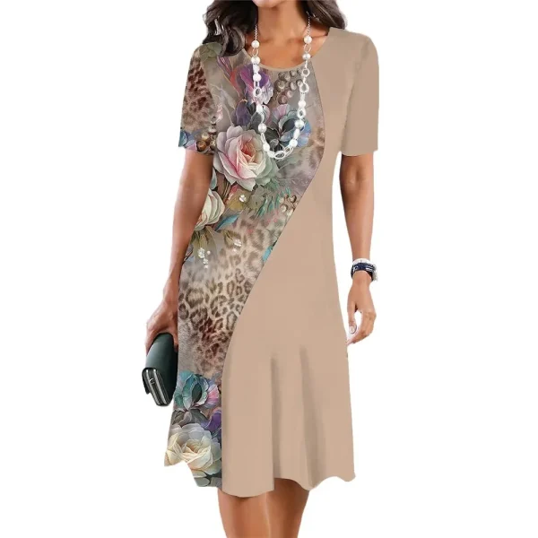2024 Print Dress Elegant Floral Print Midi Dress For Women Round Neck A-line Knee Length Dress With Gradient Color For Ladies - Image 5