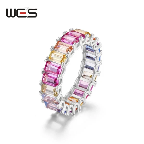 WES 925 Sterling Silver Rainbow CZ Rings for Woman Geometric Crystal Gemstone Wedding Jewelry Birthday Gift for Mom Wholesale - Image 9