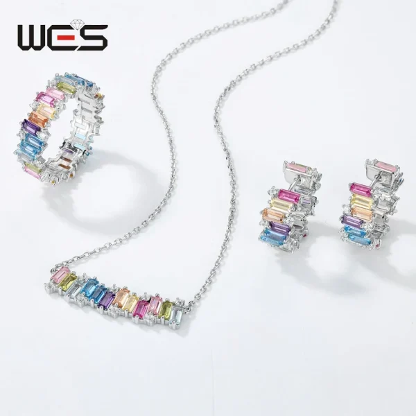 WES 925 Sterling Silver Rainbow CZ Rings for Woman Geometric Crystal Gemstone Wedding Jewelry Birthday Gift for Mom Wholesale - Image 6