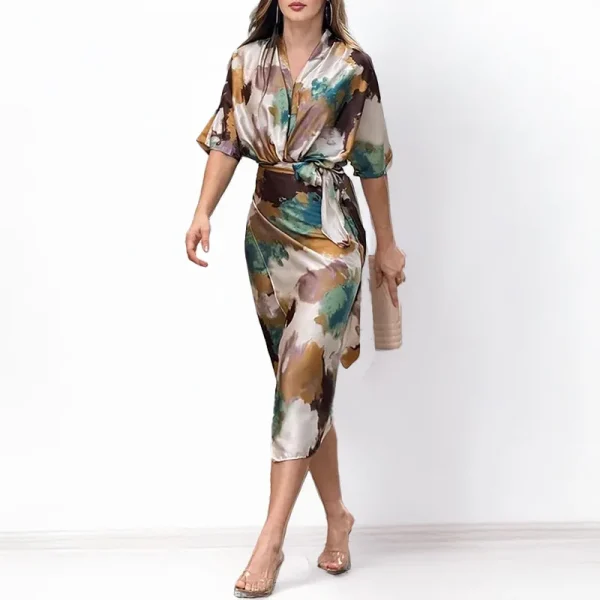 Elegant Women's Maxi Dress Summer Casual Office Solid Short Sleeve V Neck Waist Length With Belt Tie Up Slit Party Dresses - Image 6