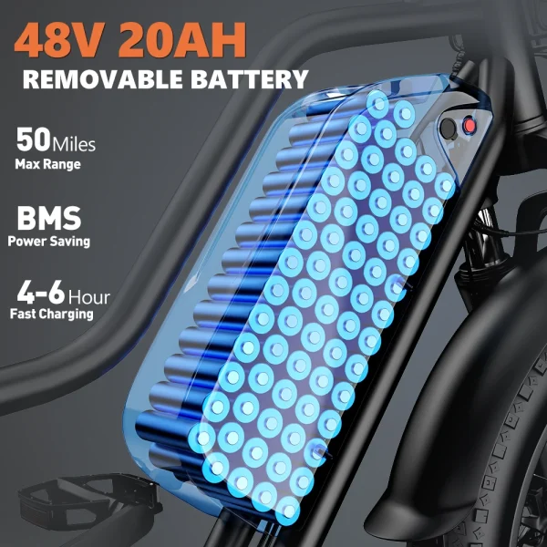 Electric Bike for Adults，20'' 1500W Peak Ebike, Up to 50 Miles 32MPH Electric Mountain Bike with 48V 20AH Removable Battery - Image 2