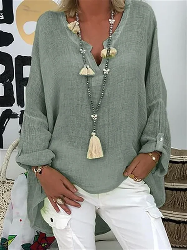 6-Color Loose Shirt Women's Casual Solid Color Top Spring Autumn V-Neck Long Sleeved Blouse - Image 10