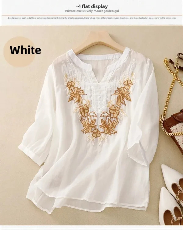 Summer New Fashion Embroidery Cotton Linen Artistic Shirt Top Vintage Shirt Women's Loose Fit Short Sleeves Women's - Image 18