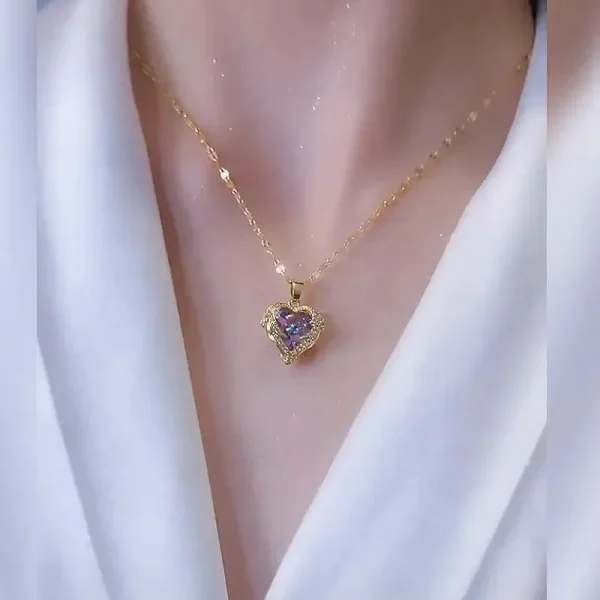 Luxury Colorful Crystal Ocean Heart Pendant Necklace For Women Korean Fashion Stainless Steel Neck Chain Female Wedding Jewelry - Image 3