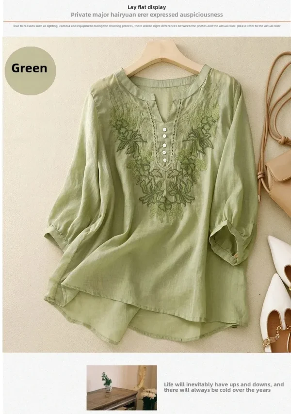 Summer New Fashion Embroidery Cotton Linen Artistic Shirt Top Vintage Shirt Women's Loose Fit Short Sleeves Women's - Image 21