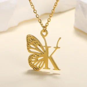 A-Z Initial Letter Collar Butterfly Necklace For Women Butterfly Jewelry Stainless Steel Alphabet Choker Necklace Female Gift