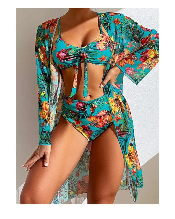 Split Three Piece Floral Printed Swimsuit Women Bikini Set Wireless Bra with Pad Sport Top Long sleeve Blouse Swimwear Plus Size - Image 24