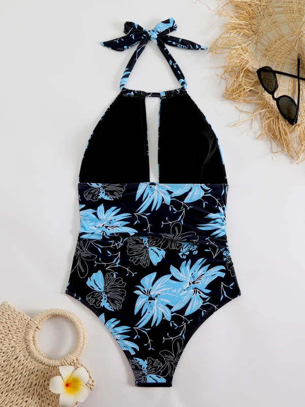 2025 Women's Swimsuit 1-Piece Swimsuit with Tropical Printed Neck Combo - High Elasticity Fabric, Vibrant Blue Black Flower Desi - Image 3