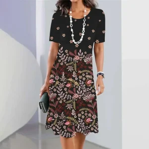 2024 Print Dress Elegant Floral Print Midi Dress For Women Round Neck A-line Knee Length Dress With Gradient Color For Ladies