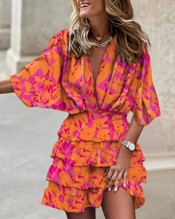 Women's Commuter Mid Sleeved Dress Spring/Summer Fashion V-neck Bat Sleeve Dress Tie Waist Irregular Casual Holiday Dress - Image 7