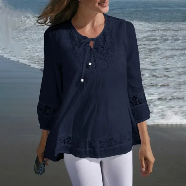 T Shirt Women Spring Autumn Cotton Linen Splicing Lace Temperament 3/4 Sleeve Loose Top T-shirt Tshirt women's Clothing YLY016 - Image 3