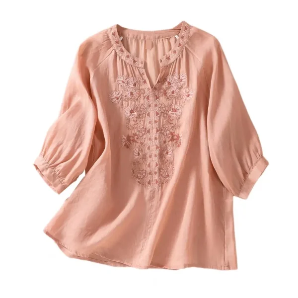 Cotton Linen Flower Embroidery Shirt Women Three Quarter Sleeves V Neck  Casual Blouse Loose Solid Color Mother Blouse Women Top - Image 9
