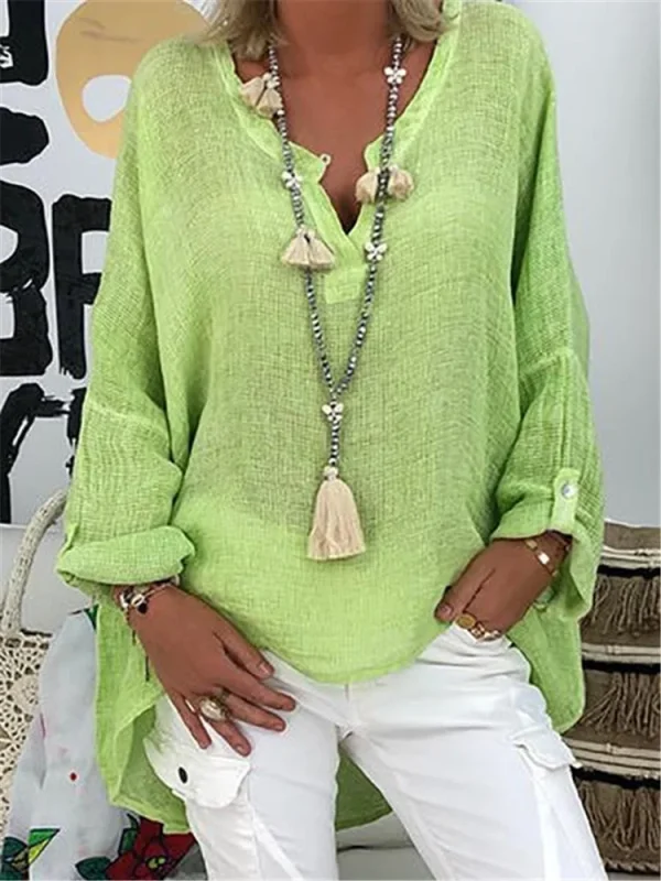 6-Color Loose Shirt Women's Casual Solid Color Top Spring Autumn V-Neck Long Sleeved Blouse - Image 11
