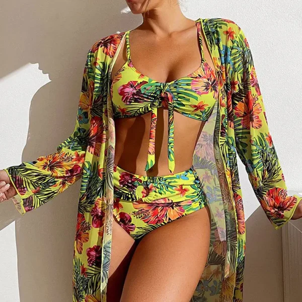 Split Three Piece Floral Printed Swimsuit Women Bikini Set Wireless Bra with Pad Sport Top Long sleeve Blouse Swimwear Plus Size - Image 6