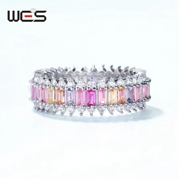 WES 925 Sterling Silver Rainbow CZ Rings for Woman Geometric Crystal Gemstone Wedding Jewelry Birthday Gift for Mom Wholesale - Image 27