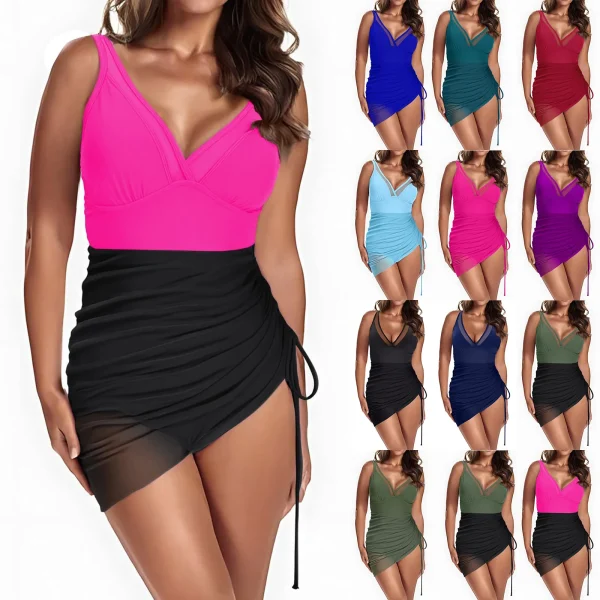 Summer Sexy Slimming Mesh Irregualar One-piece Bikini Colour Blocking Deep V-neck Lace Up Pleated Womens Tankinis - Image 6