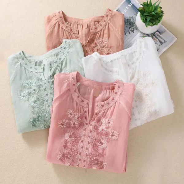Cotton Linen Flower Embroidery Shirt Women Three Quarter Sleeves V Neck  Casual Blouse Loose Solid Color Mother Blouse Women Top - Image 2