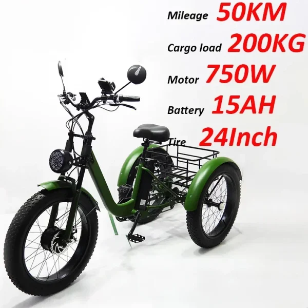 New Electric Tricyle Adult Ebike Cargo 24Inch Fat Tire 750W48V15AH Removable Battery Electric Bike 3Wheel Leisure Max Load 200KG - Image 8