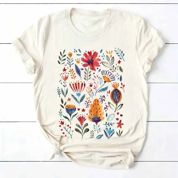 Harajuku Leisure 90s Fashion Women's Leisure Women's Flower Pattern T-Shirt Clothing Short Sleeve Printed Watercolor Trendy T-Sh - Image 3
