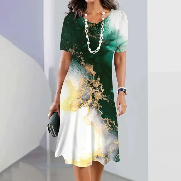 2024 Print Dress Elegant Floral Print Midi Dress For Women Round Neck A-line Knee Length Dress With Gradient Color For Ladies - Image 43