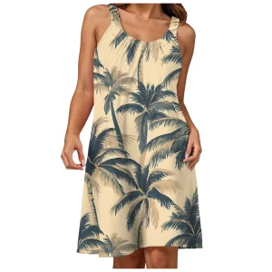 Summer Womens Boho Vacation Dress Casual Holiday Beach Sundress Hawaii Print Ruffle Sleeveless Round Neck Tank Dress Vestido