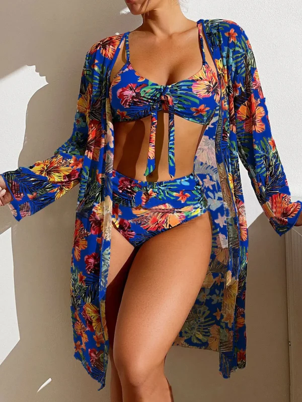 Split Three Piece Floral Printed Swimsuit Women Bikini Set Wireless Bra with Pad Sport Top Long sleeve Blouse Swimwear Plus Size - Image 4