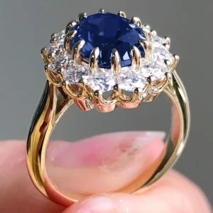 Charm Gold Silver Color Round Flower Rings for Women Blue Stone Rings Jewelry Party Gift