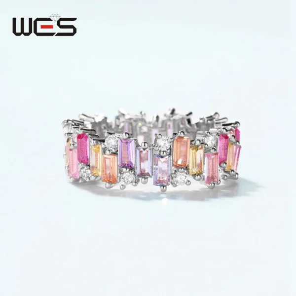 WES 925 Sterling Silver Rainbow CZ Rings for Woman Geometric Crystal Gemstone Wedding Jewelry Birthday Gift for Mom Wholesale - Image 4