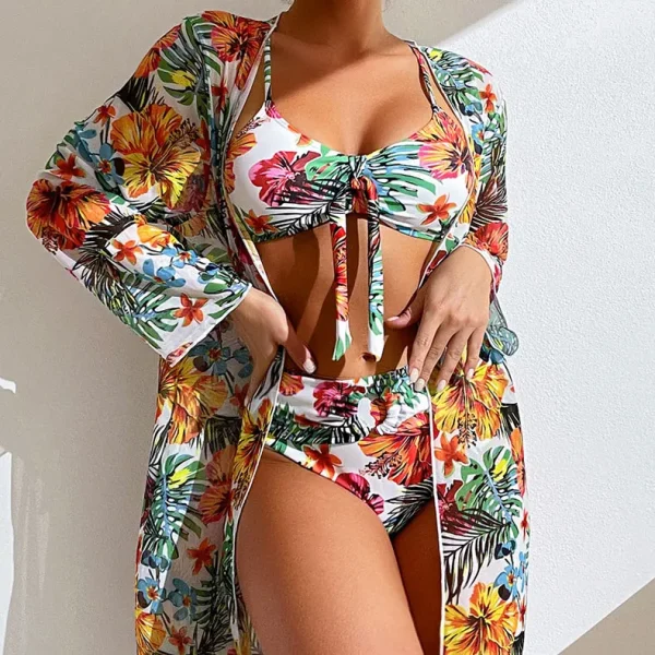 Split Three Piece Floral Printed Swimsuit Women Bikini Set Wireless Bra with Pad Sport Top Long sleeve Blouse Swimwear Plus Size - Image 16
