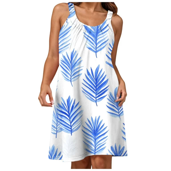 Summer Womens Boho Vacation Dress Casual Holiday Beach Sundress Hawaii Print Ruffle Sleeveless Round Neck Tank Dress Vestido - Image 2