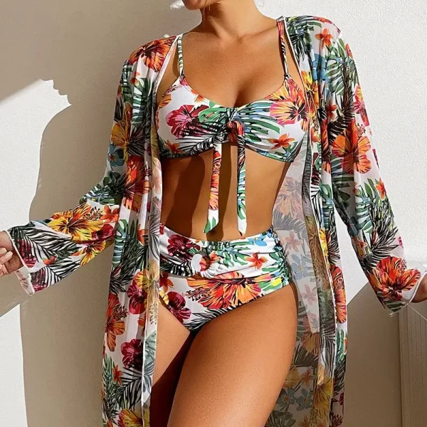 Split Three Piece Floral Printed Swimsuit Women Bikini Set Wireless Bra with Pad Sport Top Long sleeve Blouse Swimwear Plus Size - Image 10