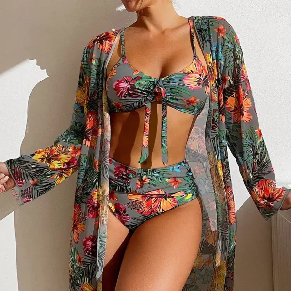 Split Three Piece Floral Printed Swimsuit Women Bikini Set Wireless Bra with Pad Sport Top Long sleeve Blouse Swimwear Plus Size - Image 8