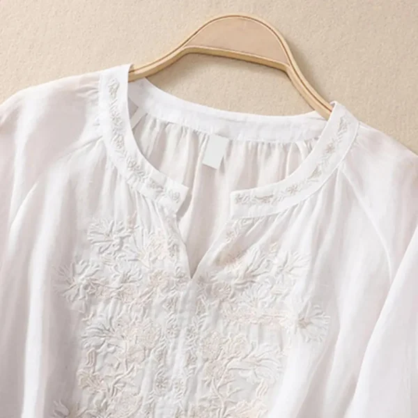Cotton Linen Flower Embroidery Shirt Women Three Quarter Sleeves V Neck  Casual Blouse Loose Solid Color Mother Blouse Women Top - Image 17
