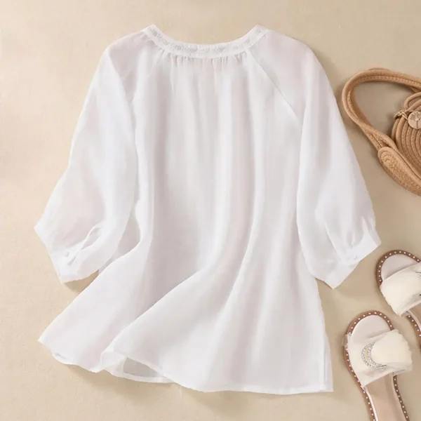 Cotton Linen Flower Embroidery Shirt Women Three Quarter Sleeves V Neck  Casual Blouse Loose Solid Color Mother Blouse Women Top - Image 5