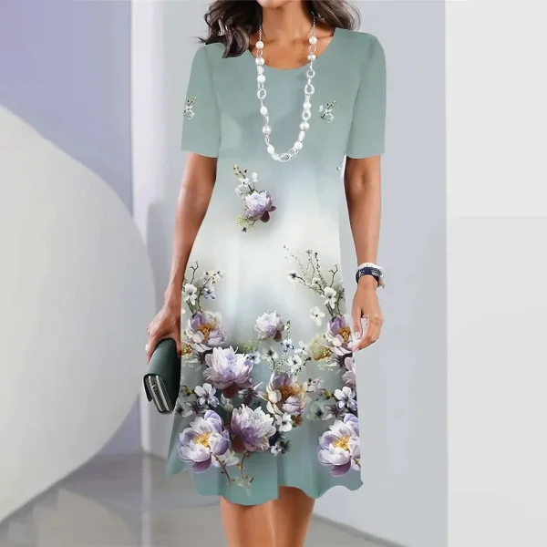 2024 Print Dress Elegant Floral Print Midi Dress For Women Round Neck A-line Knee Length Dress With Gradient Color For Ladies - Image 41