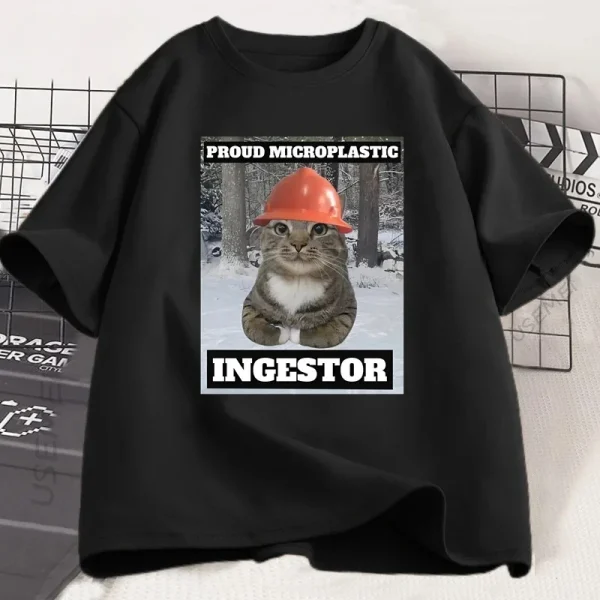 Cat Meme T Shirt Proud Microplastic Cat T-Shirt Short Sleeve Graphic Tee Casual O Neck Loose Tshirt Streetwearw Unisex - Image 3