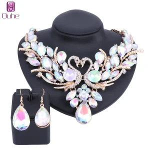 Women's Elegant Austrian Crystal Statement Swan Necklace Earrings Party Gift Jewelry Set For Wedding Dress