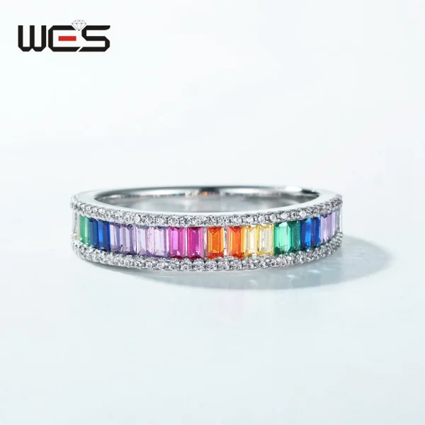 WES 925 Sterling Silver Rainbow CZ Rings for Woman Geometric Crystal Gemstone Wedding Jewelry Birthday Gift for Mom Wholesale - Image 29