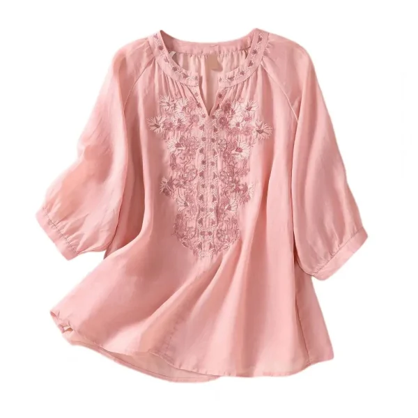Cotton Linen Flower Embroidery Shirt Women Three Quarter Sleeves V Neck  Casual Blouse Loose Solid Color Mother Blouse Women Top - Image 8