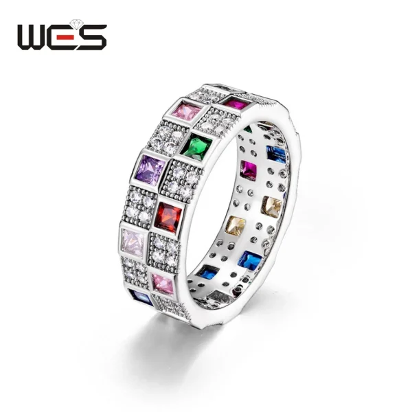 WES 925 Sterling Silver Rainbow CZ Rings for Woman Geometric Crystal Gemstone Wedding Jewelry Birthday Gift for Mom Wholesale - Image 10