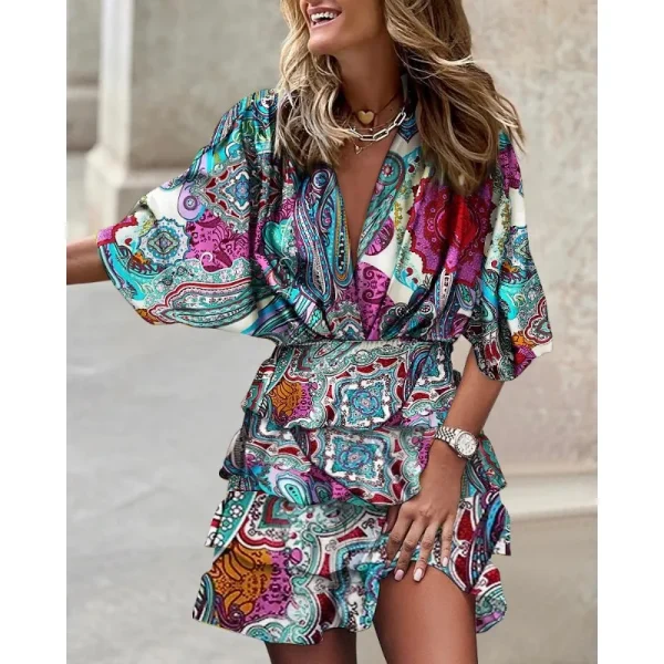 Women's Commuter Mid Sleeved Dress Spring/Summer Fashion V-neck Bat Sleeve Dress Tie Waist Irregular Casual Holiday Dress - Image 4
