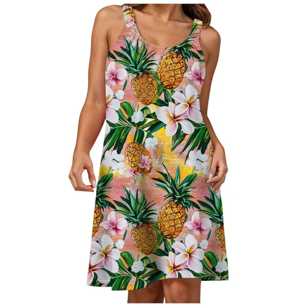 Summer Womens Boho Vacation Dress Casual Holiday Beach Sundress Hawaii Print Ruffle Sleeveless Round Neck Tank Dress Vestido - Image 4
